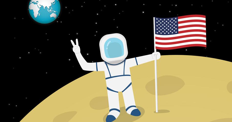 1969 : Les premiers pas sur la Lune homme avec un drapeau américain marchant sur la lune