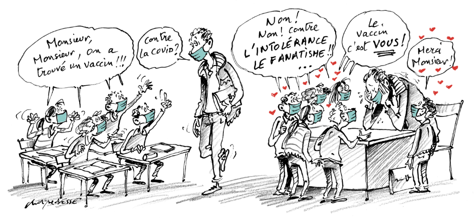 Le dessin de Christophe Besse Dessin Christophe Besse intolérance vaccin enseignants assassinat samuel paty laïcité valeurs de la République