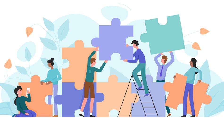 Conférence en ligne : Coéducation, regards croisés d’enseignants et de parents personnages imbriquant des puzzles à taille humaine