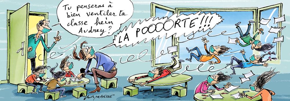 ...Retour du masque à l'école salle de classe, fenêtres ouvertes, enfants avec masque